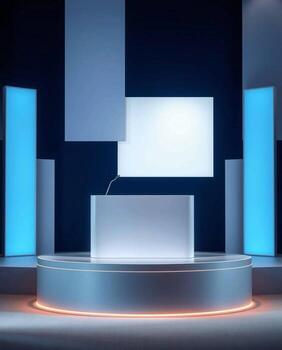 Futuristic stage with illuminated rectangular panels and cylindrical pillars creating a modern presentation environment photo
