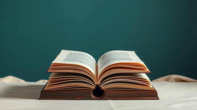 An open book stack illuminated by warm light against a moody teal background photo