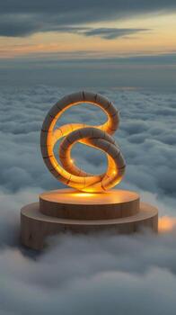 Illuminated spiral sculpture rises above clouds at dusk creating a mystical and ethereal atmosphere photo