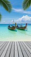 Nature background, Nature wallpaper, Two traditional wooden boats anchored in clear turquoise tropical water beneath palm fronds and blue sky photo