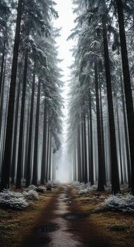 Nature background, Nature wallpaper, A path winds through a dense forest of tall dark pine trees dusted with frost and snow photo