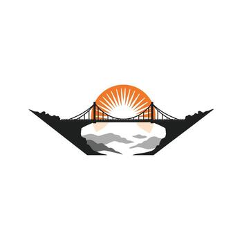 Logo design of a bridge over a mountain with the sun in the background vector