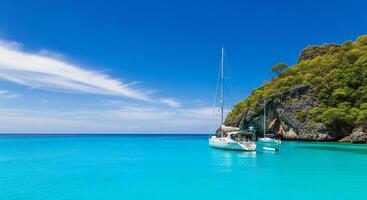 Nature background, Nature wallpaper, Two sailboats anchored in crystal clear turquoise water near a lush green tropical island photo