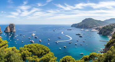 Nature background, Nature wallpaper, Numerous yachts and boats anchored in a picturesque azure bay with rocky cliffs and lush green trees photo