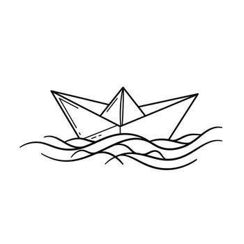 Logo design of a black and white drawing of a paper boat floating in the ocean vector