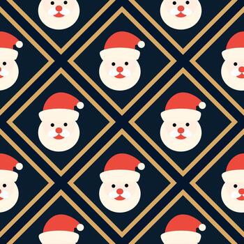 Christmas pattern design featuring Santa Claus face repeats. The pattern consists of Santa's faces with red hats set against a dark geometric background vector
