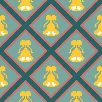 A Seamless Pattern of yellow bells, a decorative design for various projects. This repeating pattern features yellow bells on a teal background with red and teal diagonal lines vector