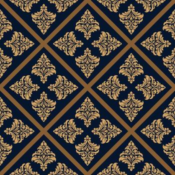 Golden damask pattern on a blue background, seamless, symmetrical. Elegant and luxurious pattern, suitable for various design projects vector
