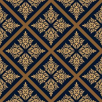 Exquisito modelo antecedentes presentando intrincado dorado ornamental diseño arreglado en un repitiendo, simétrico modelo vector