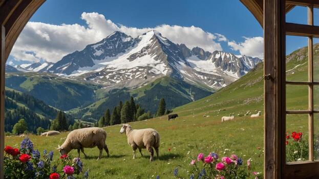 Scenic view of sheep grazing in a lush meadow framed by a rustic window with mountains in the background photo
