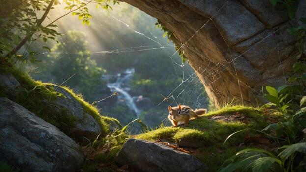 sereno bosque escena presentando un pequeño gato descansando en cubierto de musgo rocas debajo un iluminado por el sol arco, con un cascada en el antecedentes foto