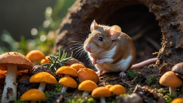 A curious brown mouse exploring a vibrant mushroom patch in a lush green forest setting photo