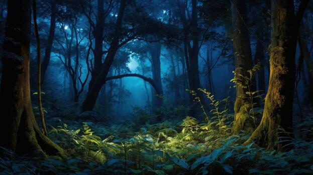 Mystical forest scene at twilight with glowing foliage and misty background creating an enchanting atmosphere photo