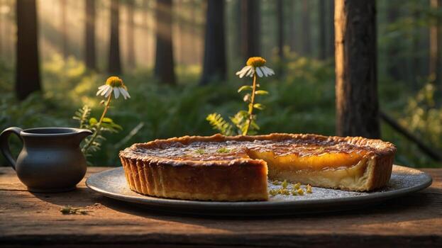 A rustic lemon tart elegantly displayed on a wooden table in a serene forest setting, with sunlight filtering through the trees, enhancing the tranquil ambiance photo