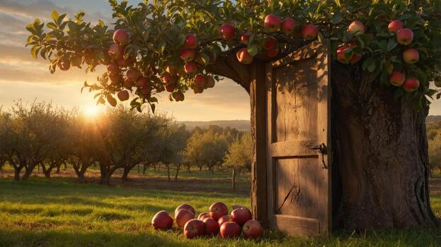 Serene sunset view of an apple tree with a rustic door, surrounded by orchards and scattered apples photo