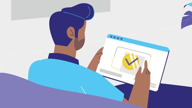 Man Viewing Approved Online Verification on Tablet vector