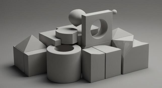Geometric solids composition gray scale render photo
