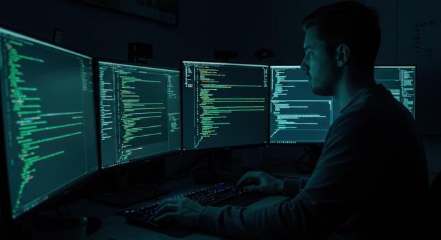 persona codificación en múltiple computadora pantallas en oscuro habitación foto