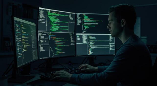 Programmer working on multiple computer screens at night photo