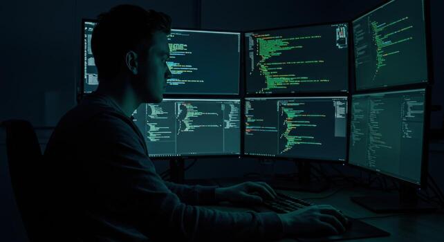 programador codificación en múltiple monitores en oscuro ambiente foto