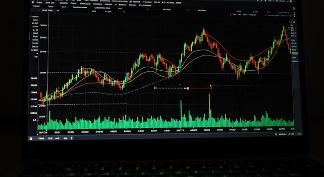 Stock market analysis on computer screen with graph chart and data visualization photo