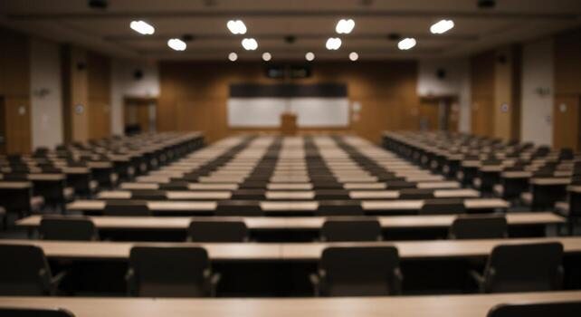 Empty auditorium with rows of seats and tables for academic presentation photo