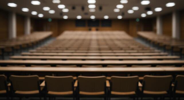 Empty lecture hall with rows of seats and tables photo
