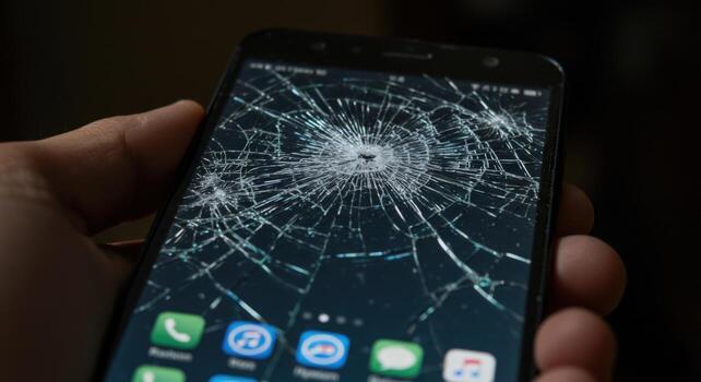 Broken smartphone screen display damage and mobile device security vulnerability photo