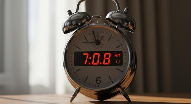 Analog alarm clock showing time morning routine wake up call photo