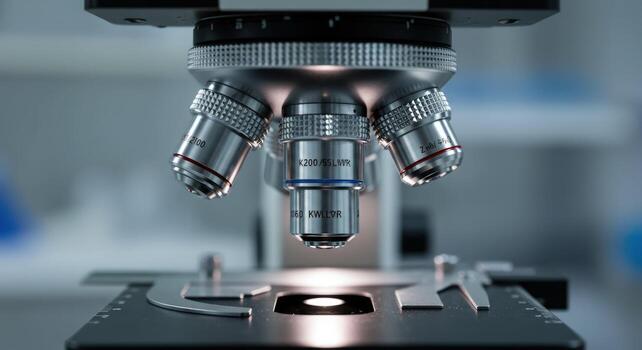 Close up view of microscope in laboratory setting photo