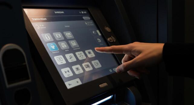 Interactive touchscreen terminal with finger pointing at screen photo