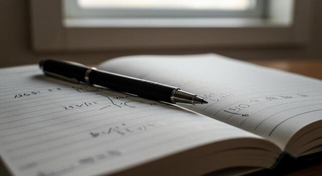 Pen resting on open notebook with written notes near window light photo