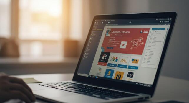Laptop displaying digital course platform interface for online education and remote learning photo