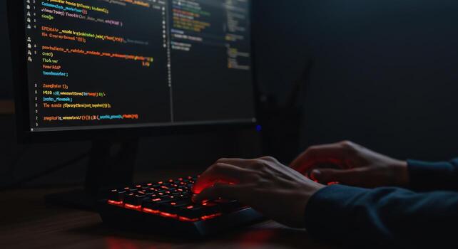 codificación en computadora a noche con iluminado teclado foto