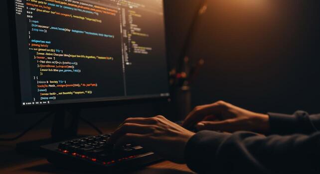 desarrollador mecanografía código en computadora pantalla en oscuro habitación foto