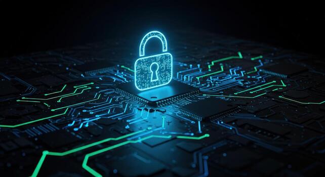 Cyber security lock icon on computer chip digital data protection photo