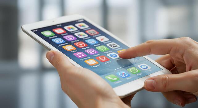 Person using digital tablet with application icons displayed on touchscreen photo