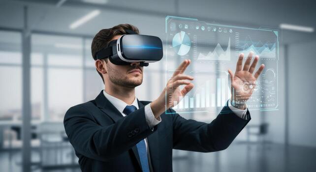 Man using virtual reality headset interacting with digital interface photo