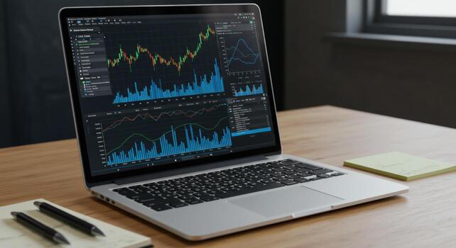 Laptop computer displaying data analytics and financial chart photo