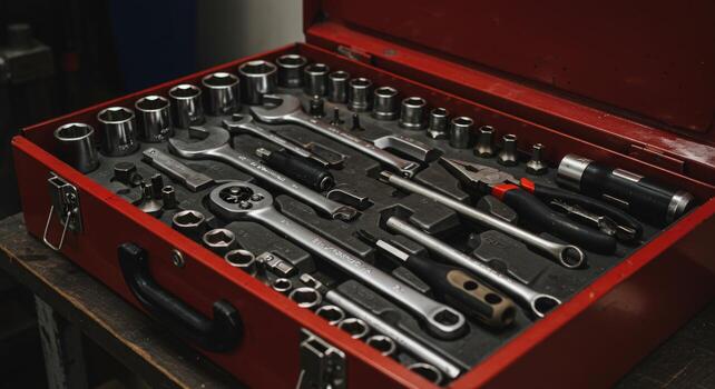 Open red toolbox filled with wrenches sockets and various hand tools photo
