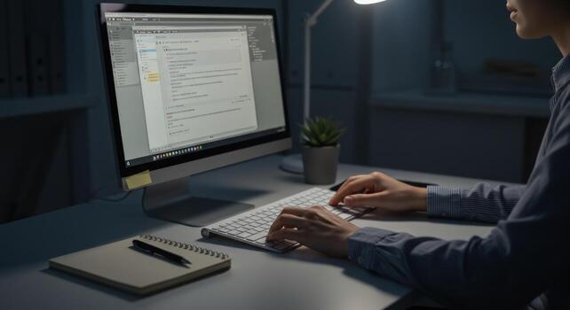 Person coding on computer at night programmer typing on keyboard photo