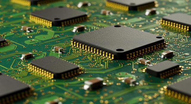 Computer microchip technology semiconductor circuit board close up photo