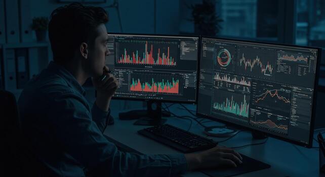 Person analyzing data on multiple computer screens in dark room photo