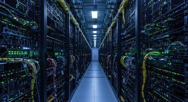 Server room with data racks and cables for data storage photo