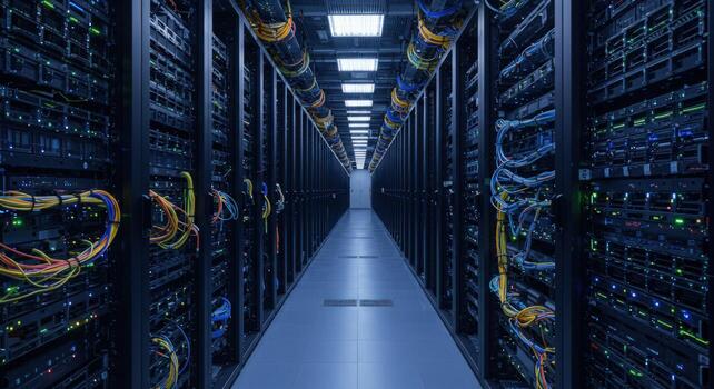 Server room data center with rows of racks photo