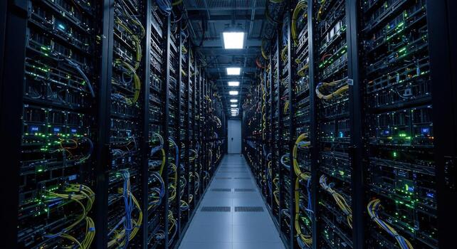 Server room data center with rows of computer racks and cables photo