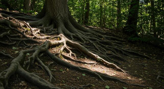 Tree roots in forest ground intertwined texture pattern photo