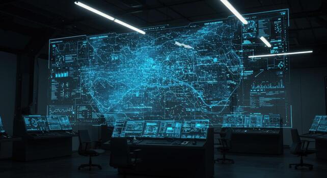 Cyber security operations center with large screen displaying data analysis photo