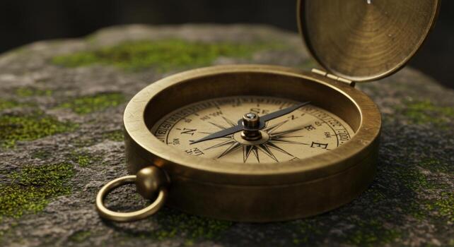 Vintage compass on mossy stone surface direction and navigation photo