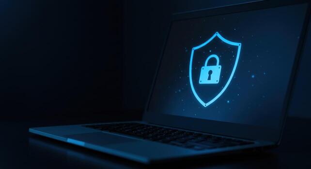 Laptop computer displaying cyber security shield lock icon photo